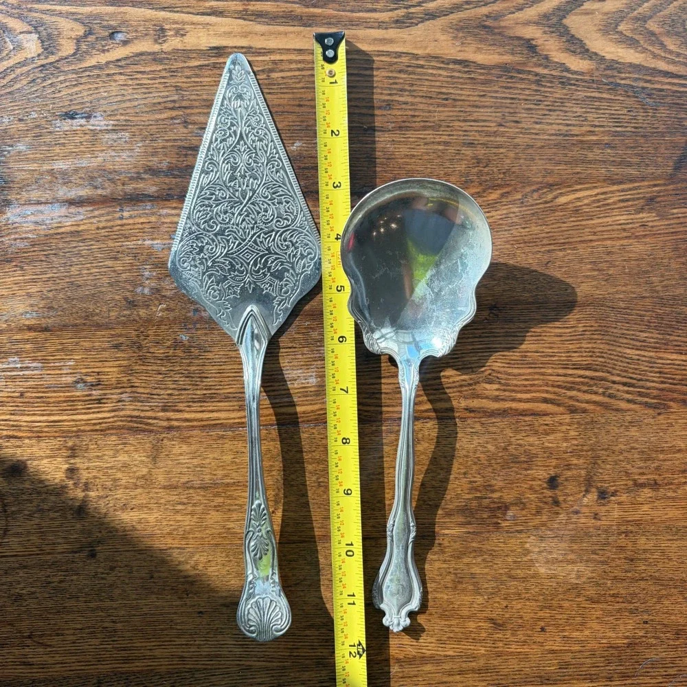 Vintage Silver Plated Ornate Etched Cake Server and Scalloped Serving Spoon Set